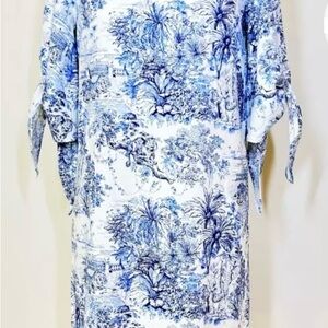 H&M Blue and White Floral Linen Blend Cold Shoulder Print Dress Size 12